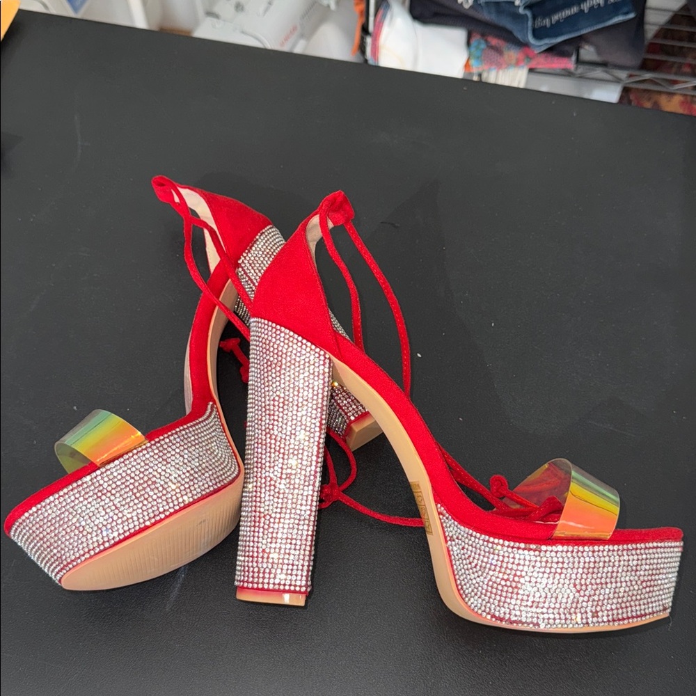 Elegant Red Strappy Heels with Glitter Block Heel